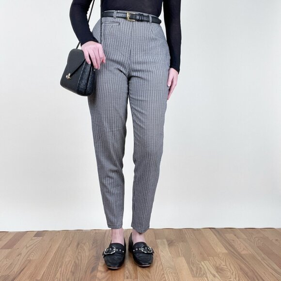 Vintage High Rise Houndstooth Slim Leg Trouser Pants Preppy Light Dark Academia - Picture 4 of 7